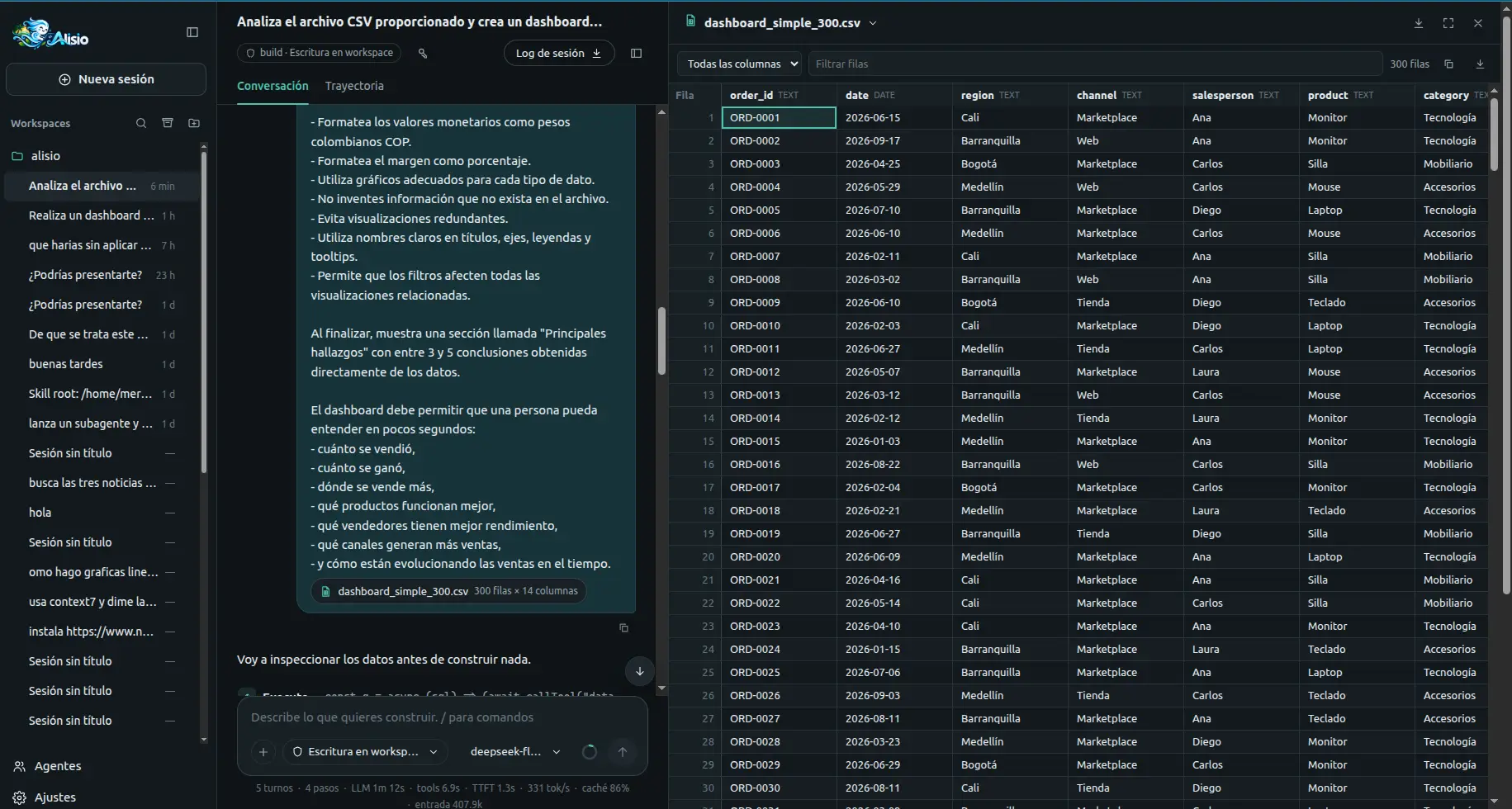 The table viewer showing a 300-row CSV with its filter box and copy and download buttons, next to the attached-dataset chip in the conversation.