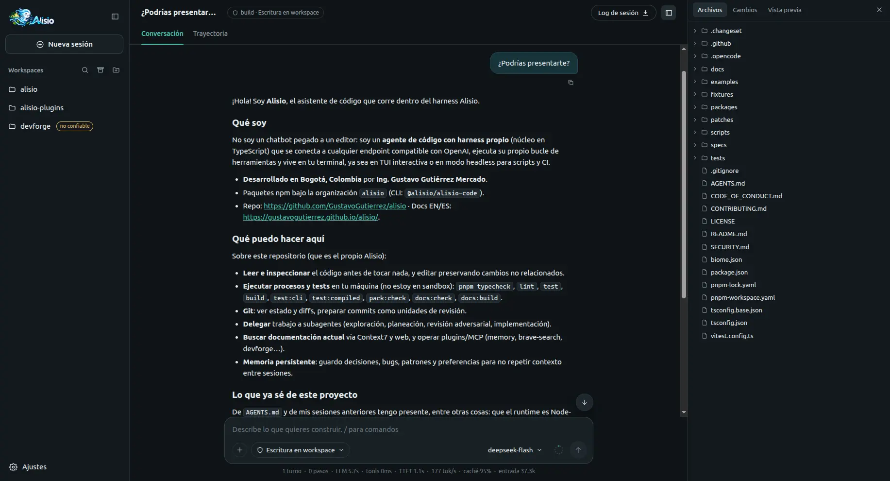 Alisio Harness Web UI showing workspace navigation, an active coding conversation and the file explorer