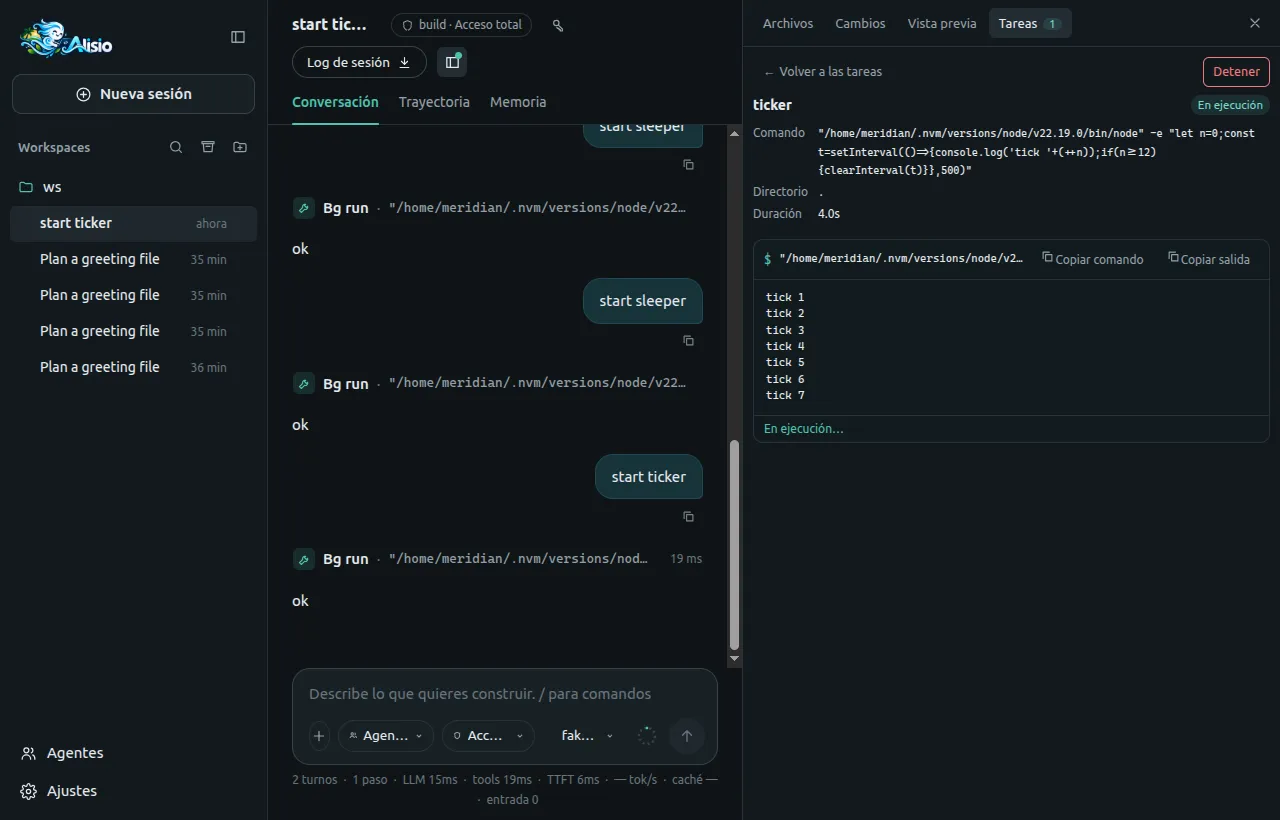 The Tasks tab of the right panel following a running background command: the task's status, command and elapsed time, a red Stop button and the live output lines in the terminal view, while the chat shows the agent's bg_run call.
