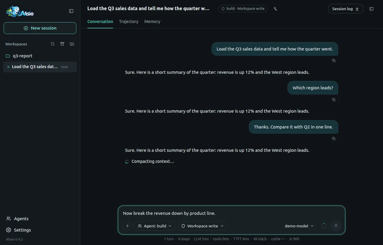 A conversation during a manual /compact: the status line under the last answer reads Compacting context…, the send button is disabled and the draft typed in the message box is kept.