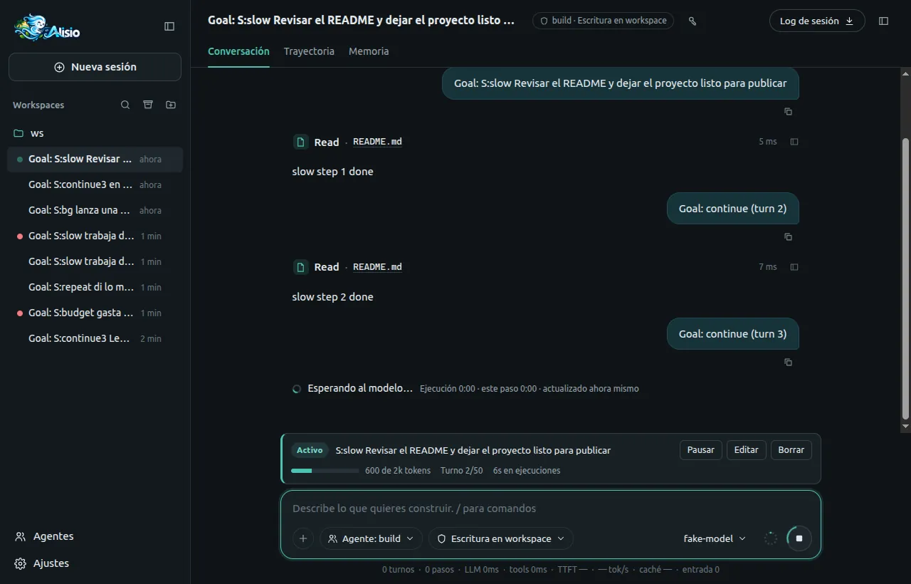 The goal bar above the message box of a running goal: the Active chip, the objective, a progress bar of the token budget with 600 of 2k tokens, turn 2 of 50, the time spent in runs and the Pause, Edit and Clear buttons, while the chat shows the agent's goal turns.