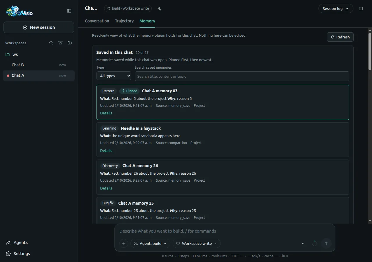 The Memory tab of a chat: the Saved in this chat section shows 20 of 27 memories with a type filter and a search box, a pinned entry first, and each entry with its type, title, content summary, update time and source.